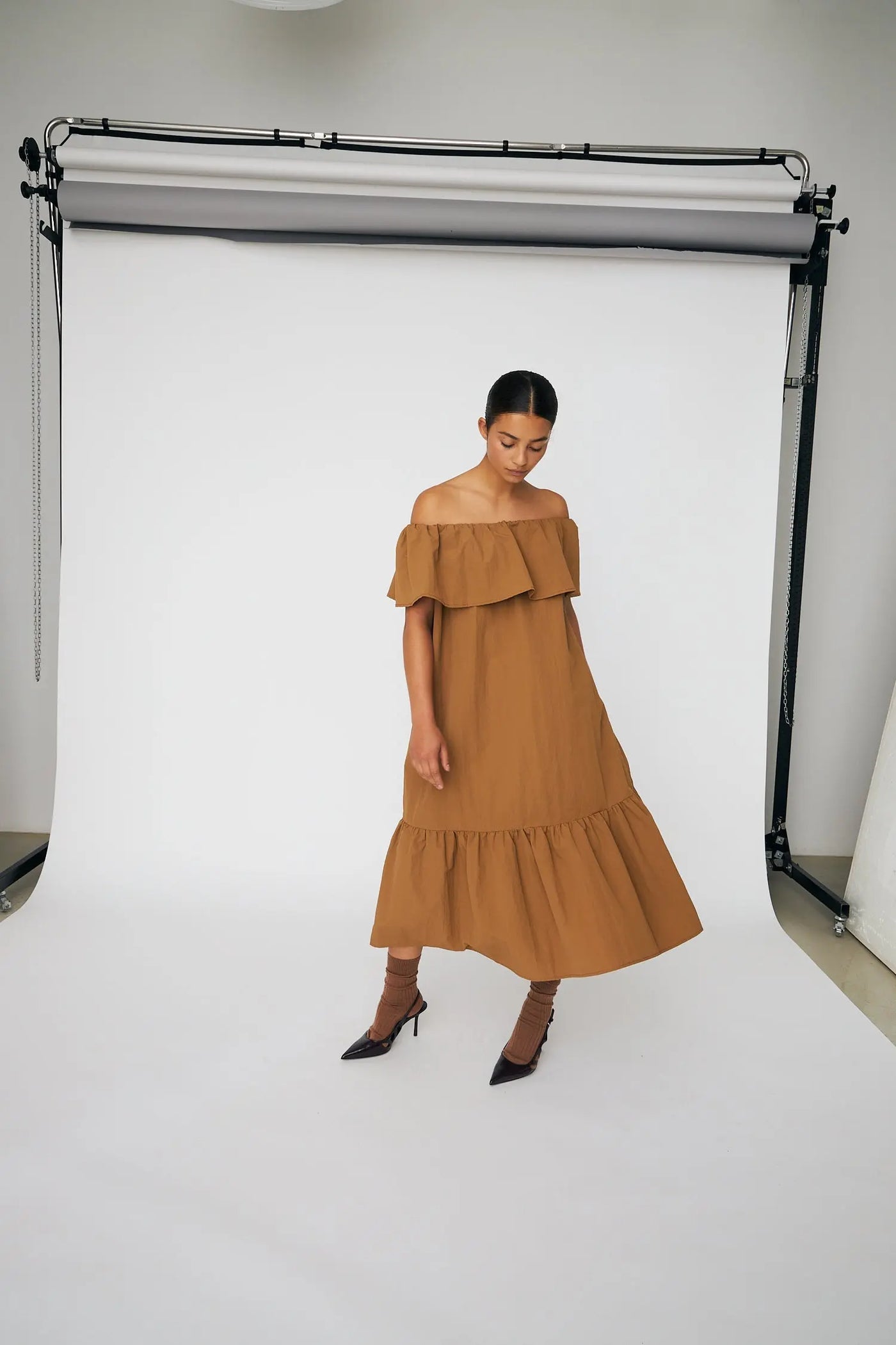 Off The Shoulder Midi Dress - Camel Brown