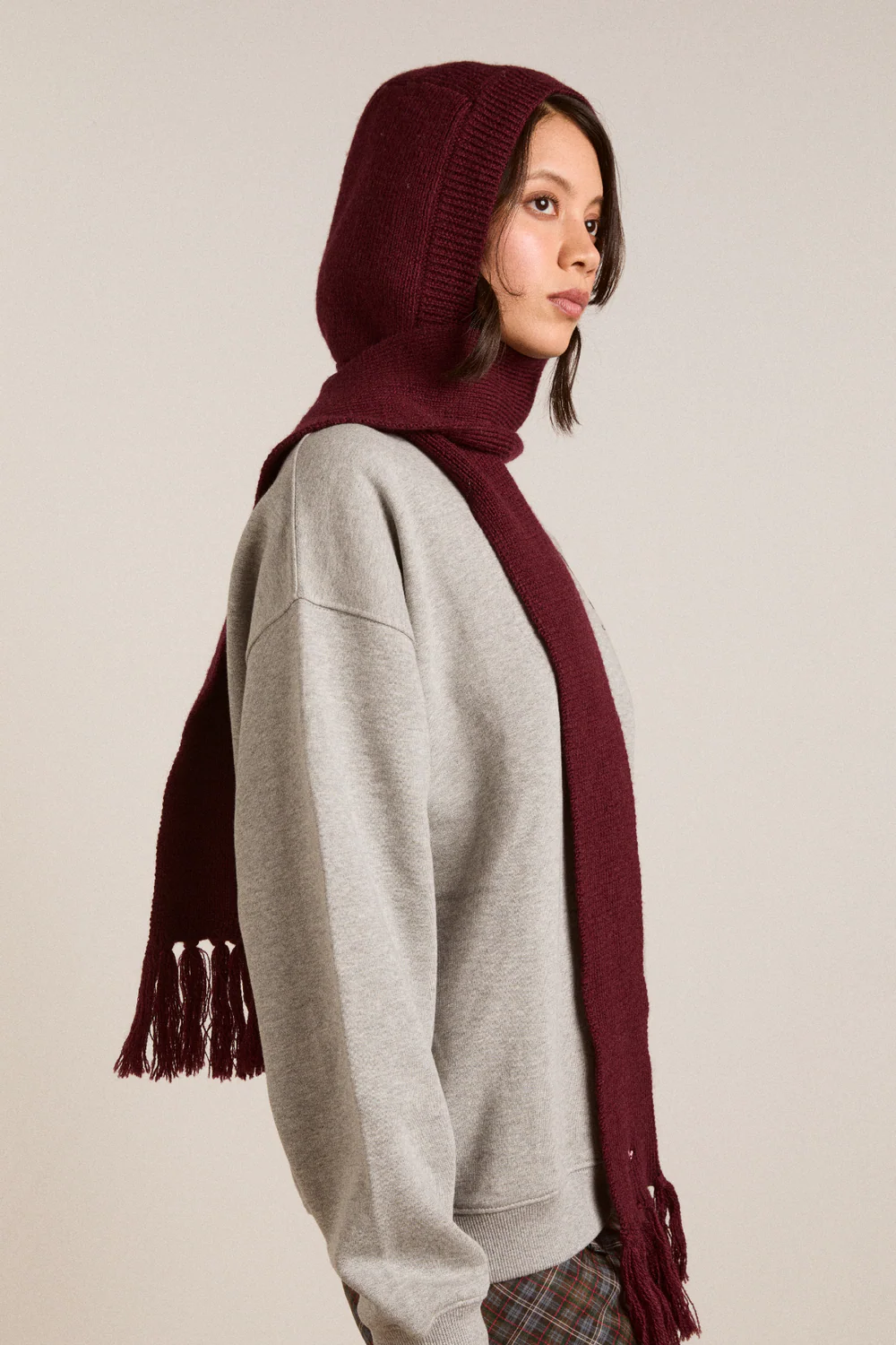 Tassel Hooded Scarf - Burgundy