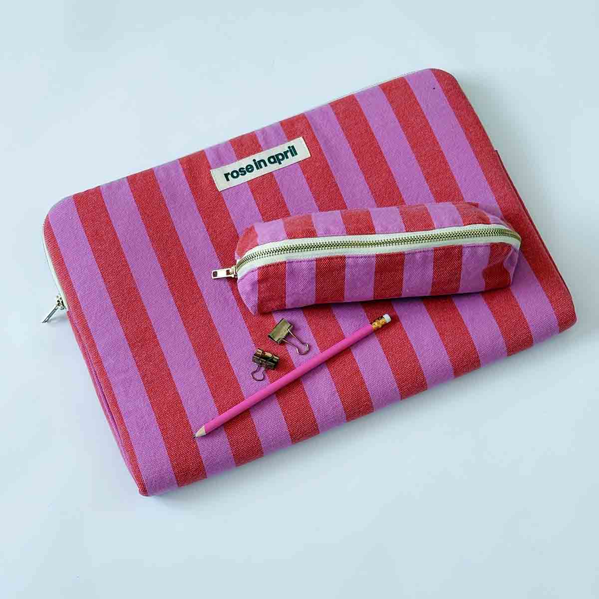 PENCIL CASE GASTON STRIPES ORCHID/TOMATO