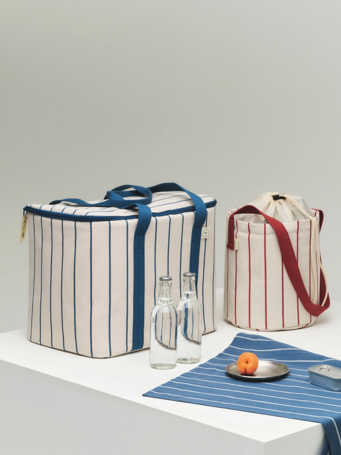 Outdoor Market Cooler Bag - Medium Beige With Blue Stripe