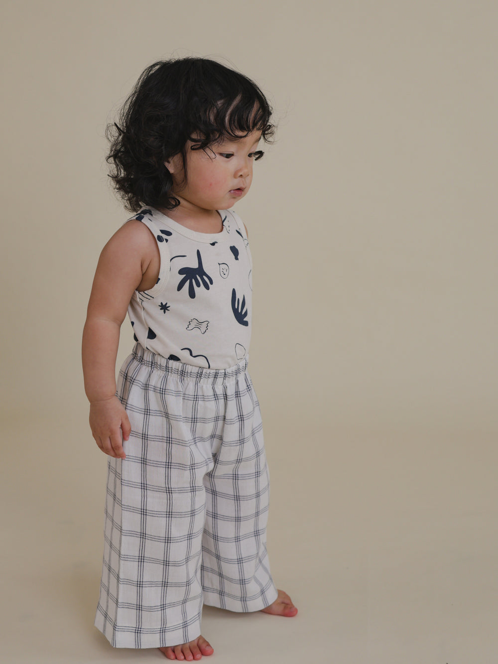 Navy Window Check Wide Leg Pants