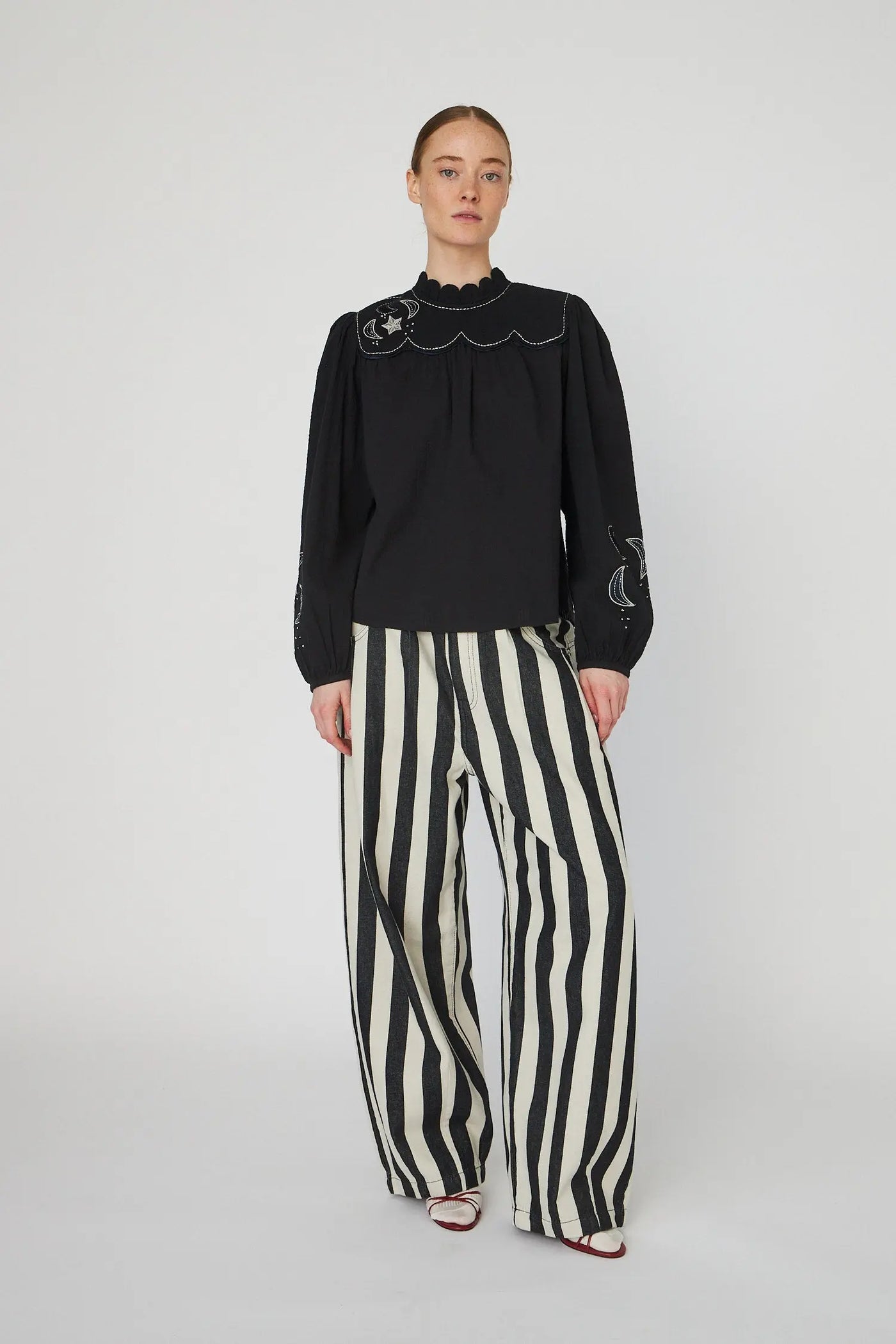 Moon & Stars Embroidered Blouse - Black