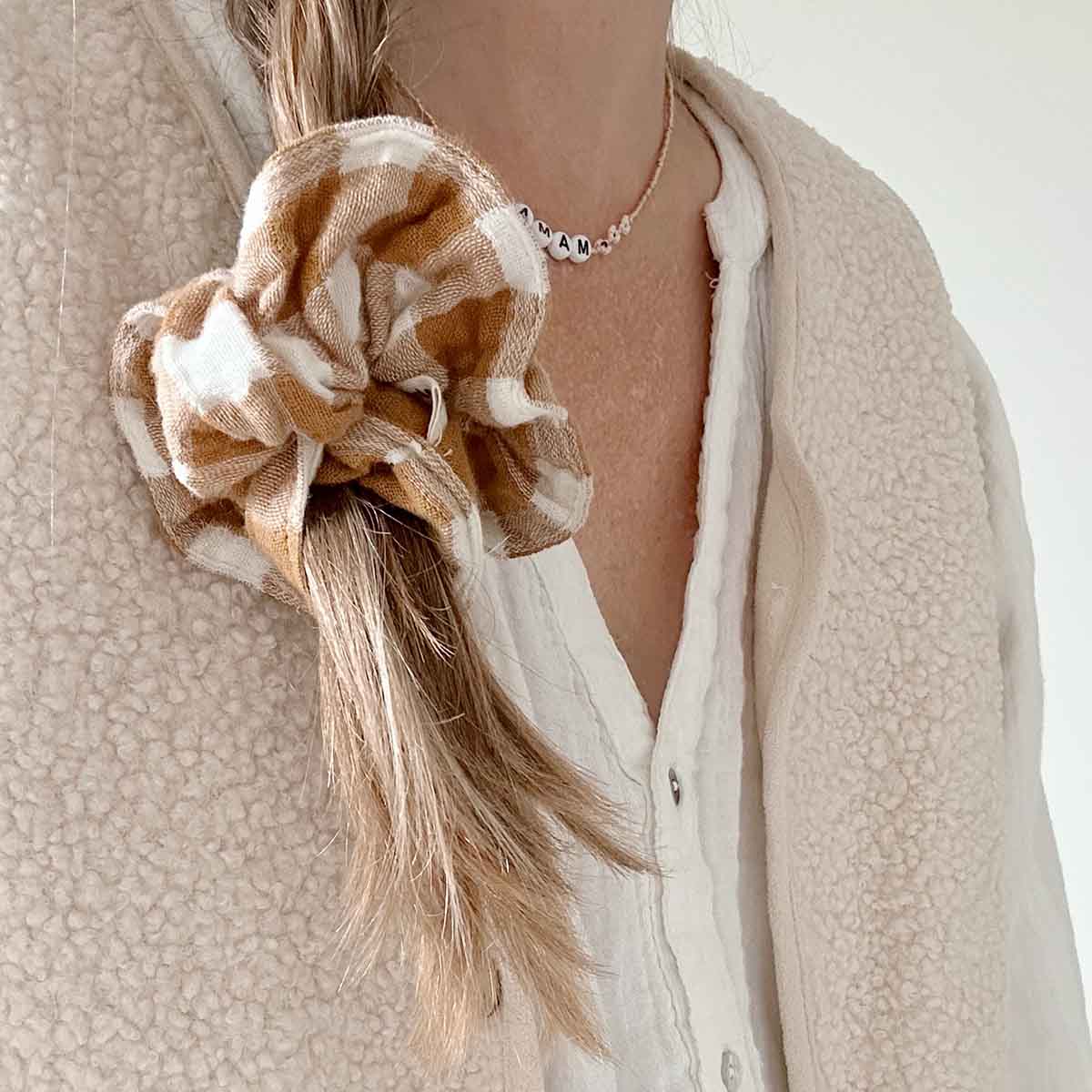 Ecru-Caramel Gingham Check Scrunchie