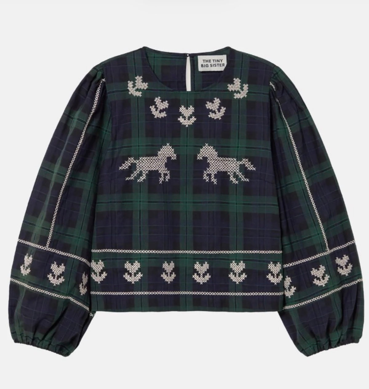 Embroidered Check Puff Sleeved Blouse