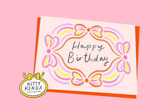 Happy Birthday Bright Bow Border Greeting Card