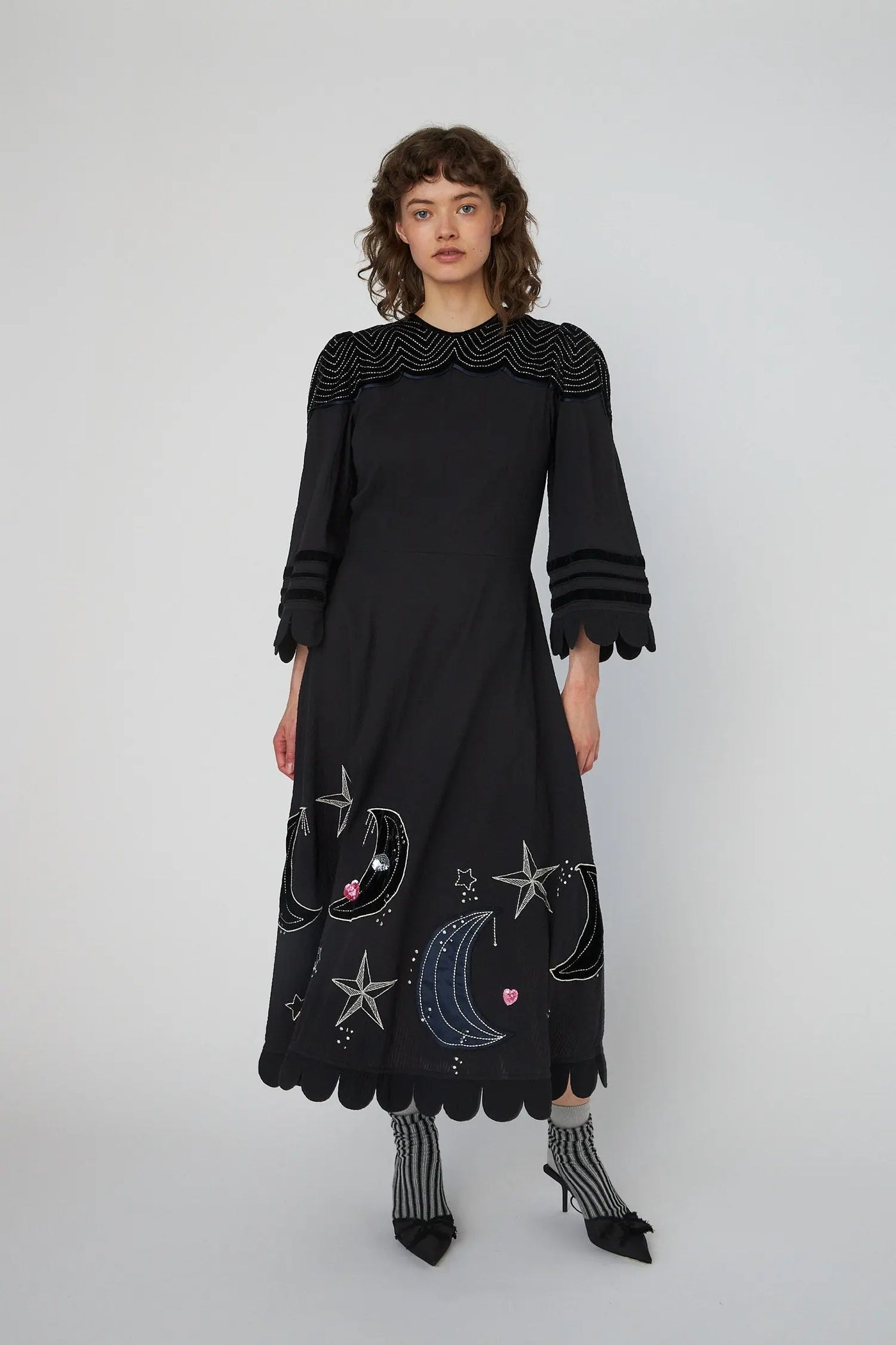 Moon And Stars Embroidered Midi Dress - Black