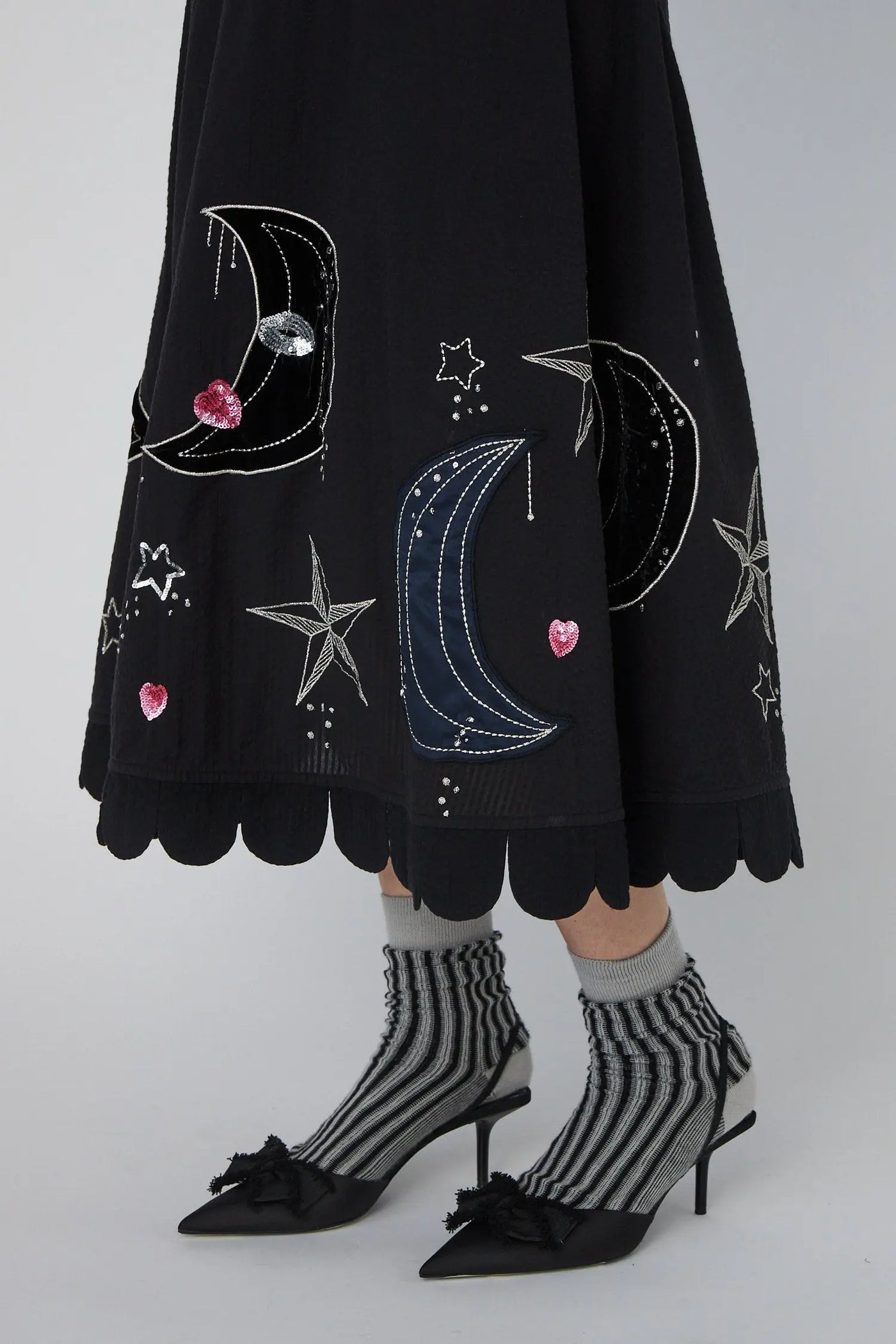 Moon And Stars Embroidered Midi Dress - Black