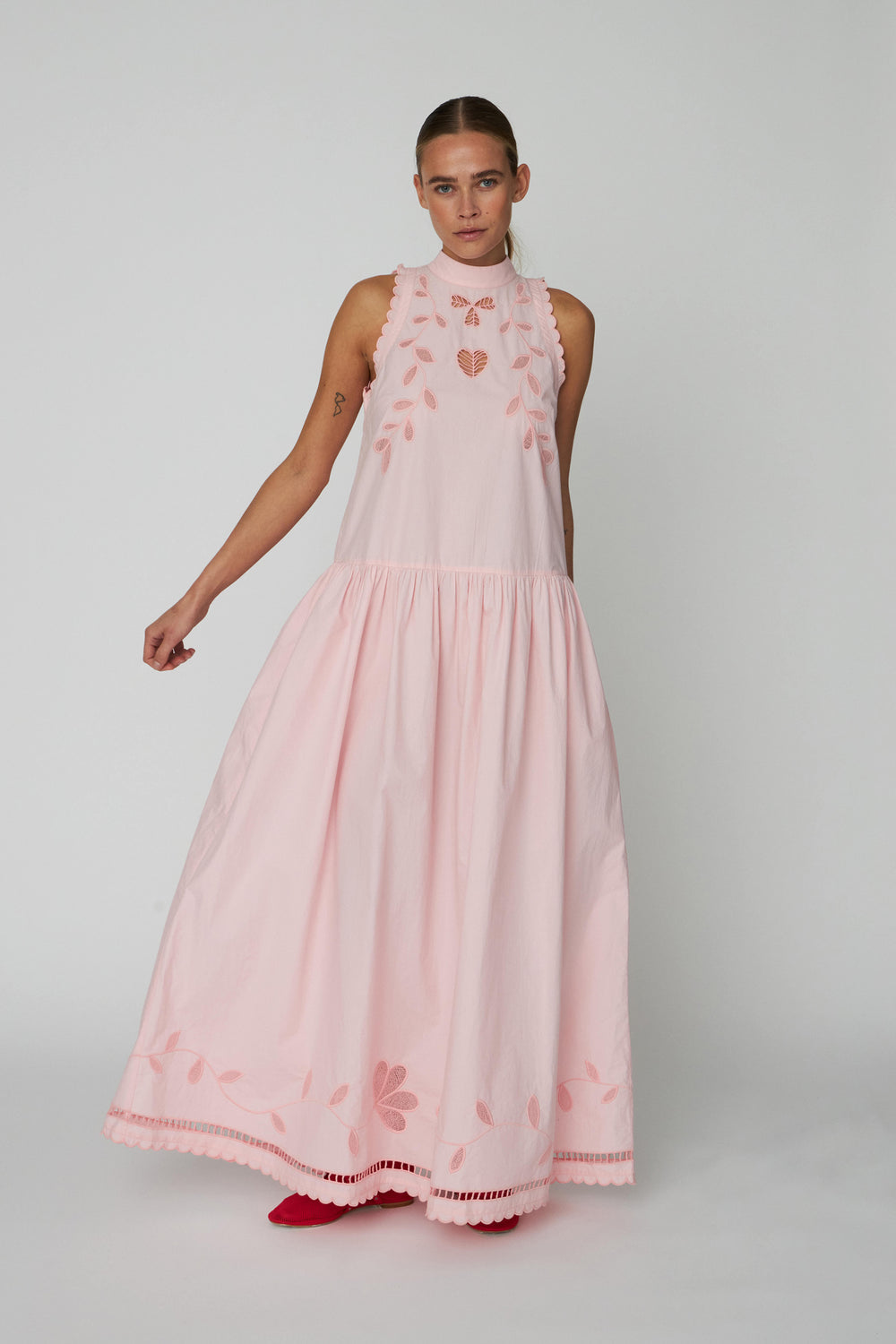 Embroidery Anglaise Sleeveless Maxi Dress - Pink