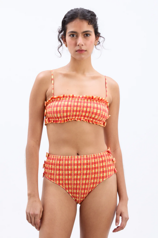 Jezebel Shirred Bow Bikini Bottoms- Orange Gingham