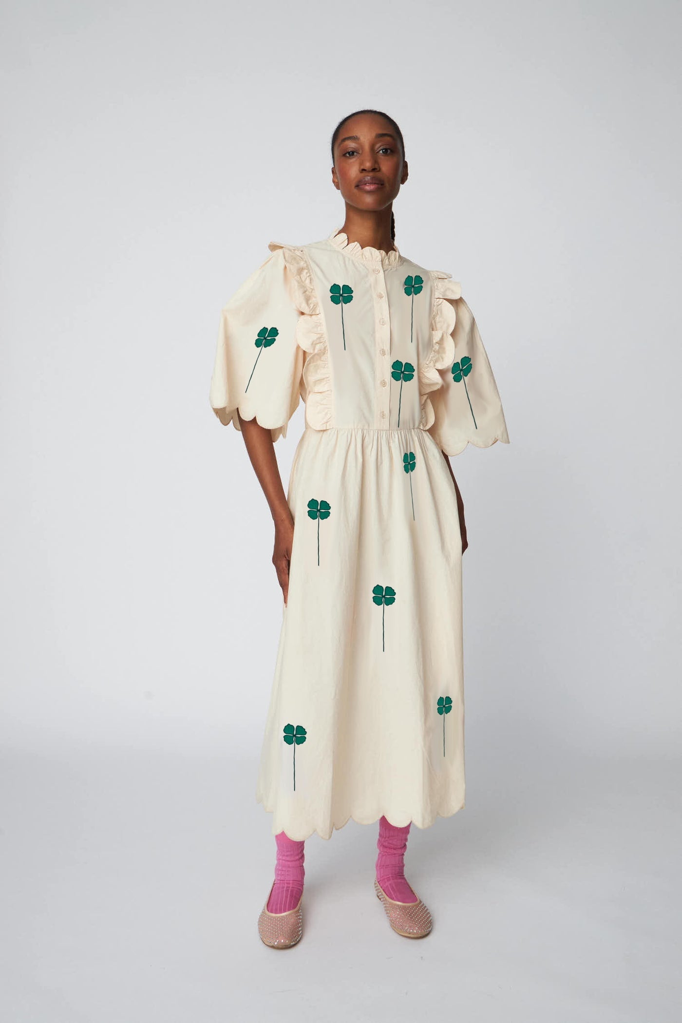 Embroidered Midi Dress With Scallops - Clover