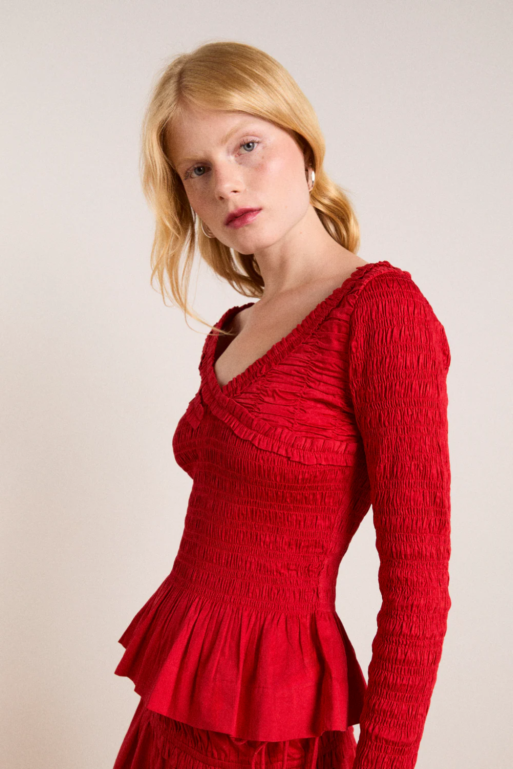 Suri Shirred Blouse - Red