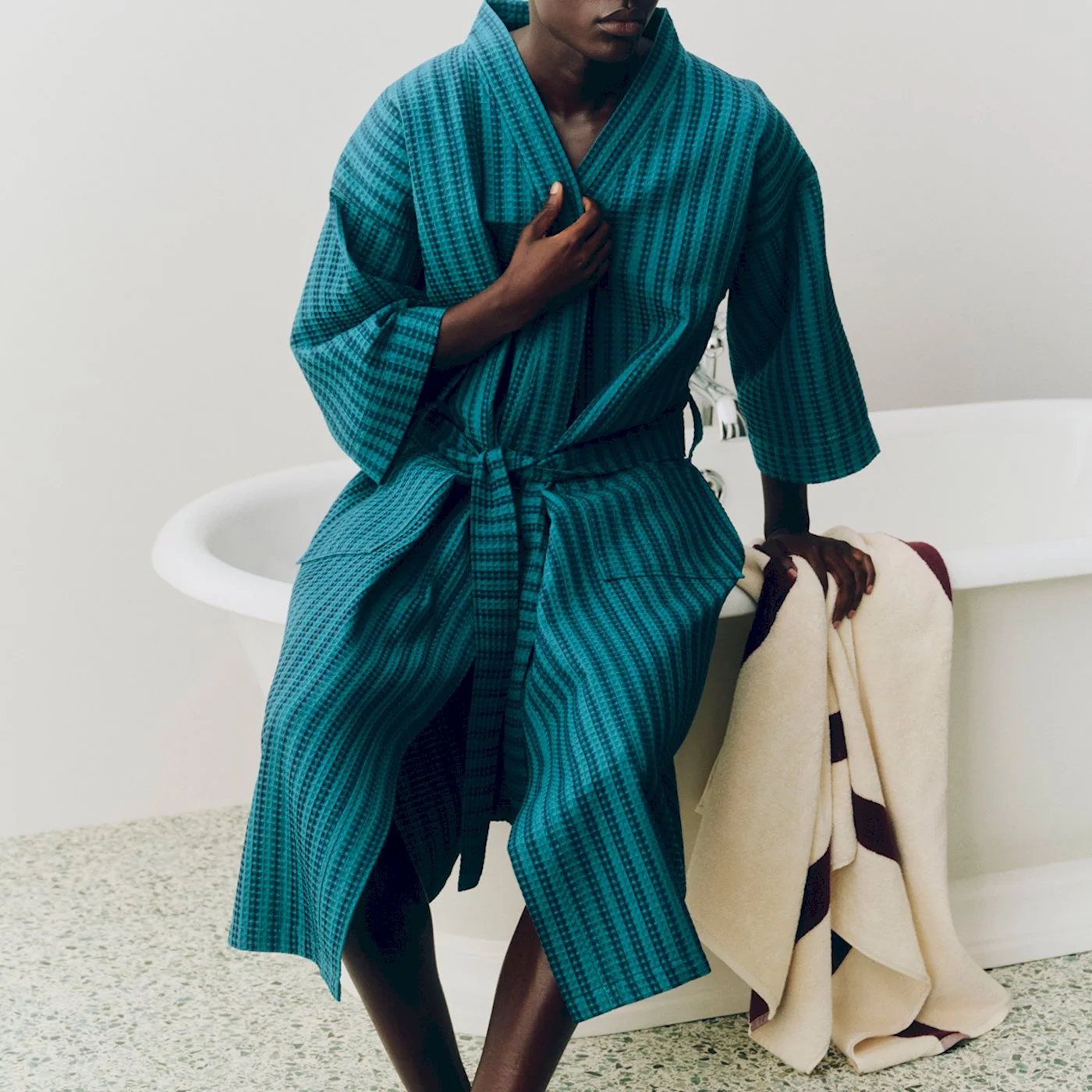 Waffle Bathrobe - Stripe Petrol Blue