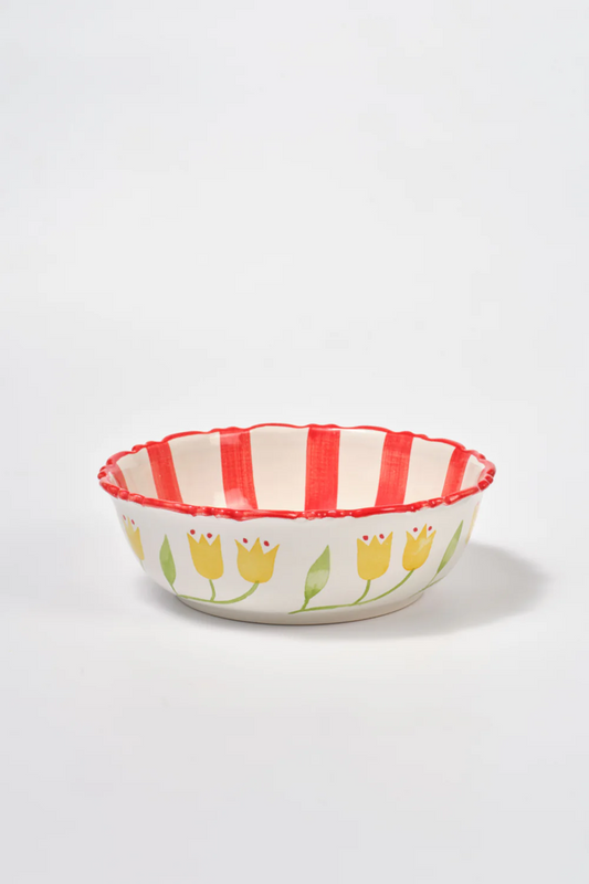 Hand painted Frilly Large Bowl - Bold Red Stripe