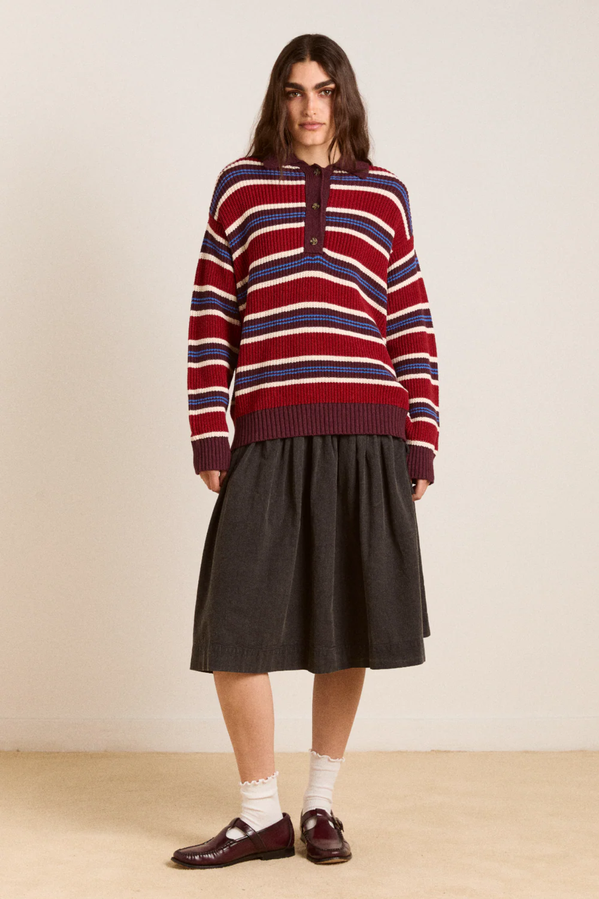 Ilona Rugby Jumper Burgundy Stripe