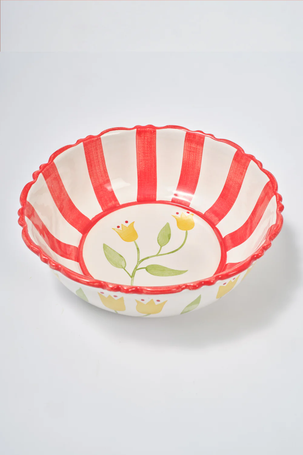 Hand painted Frilly Large Bowl - Bold Red Stripe