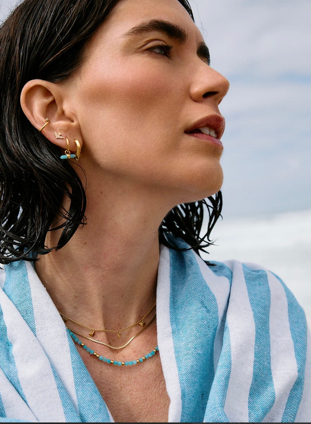 Tranquility Aquamarine T Bar Huggie Hoop Earrings