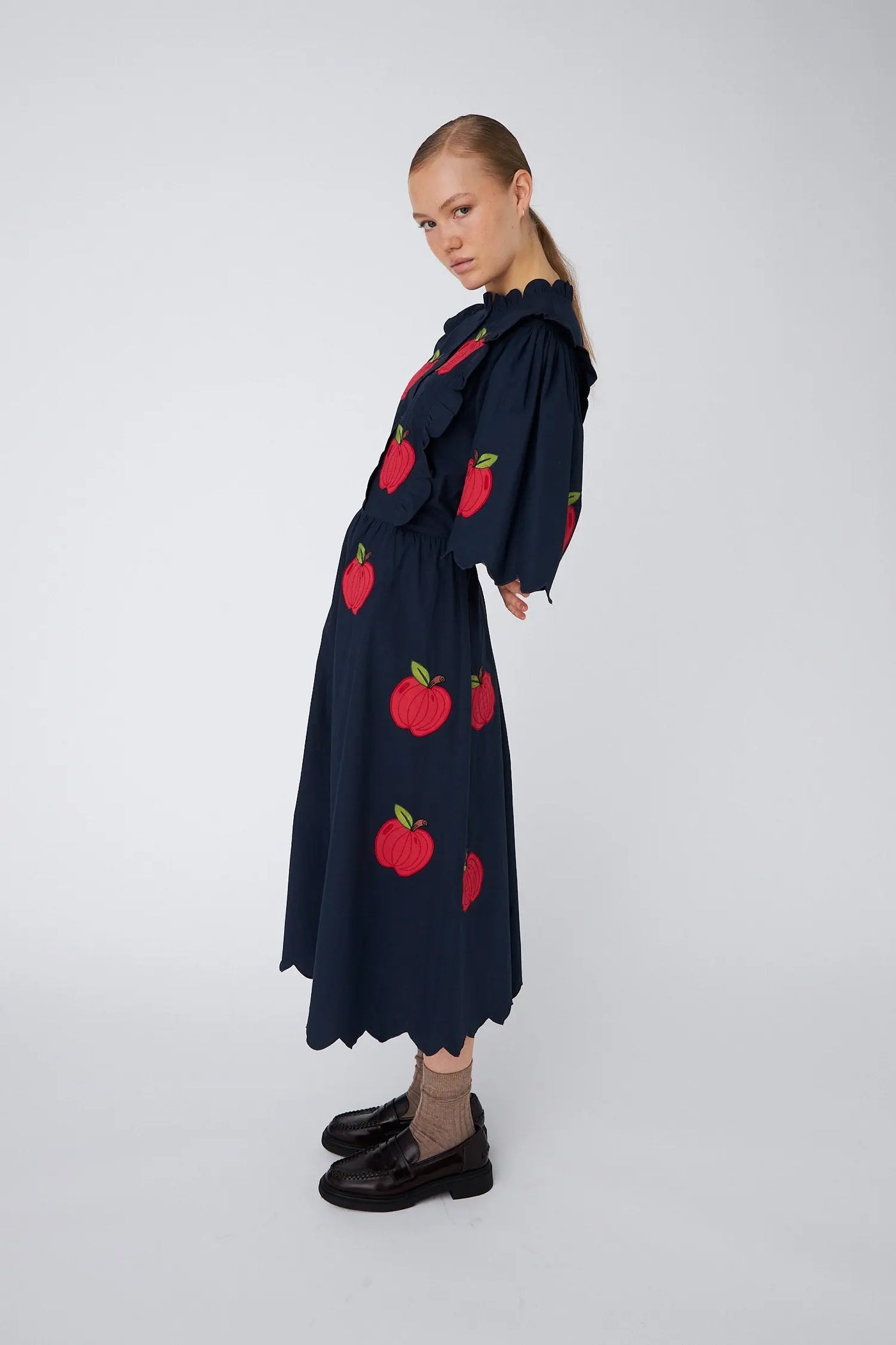 Embroidered Cotton Midi Dress - Apples