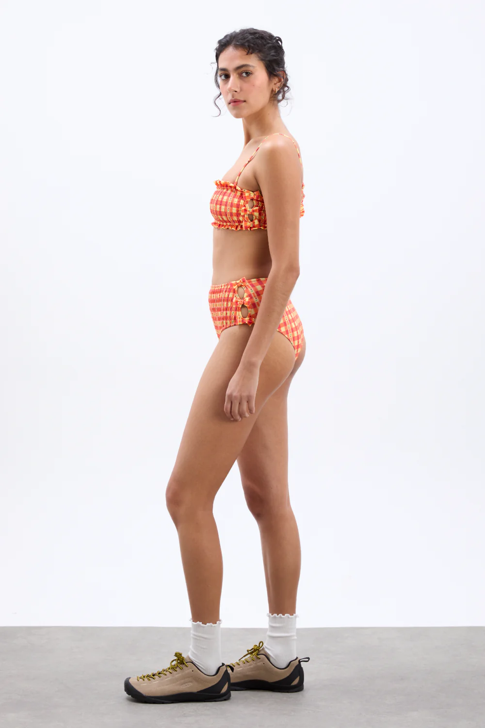 Jezebel Shirred Bow Bikini Top- Orange Gingham