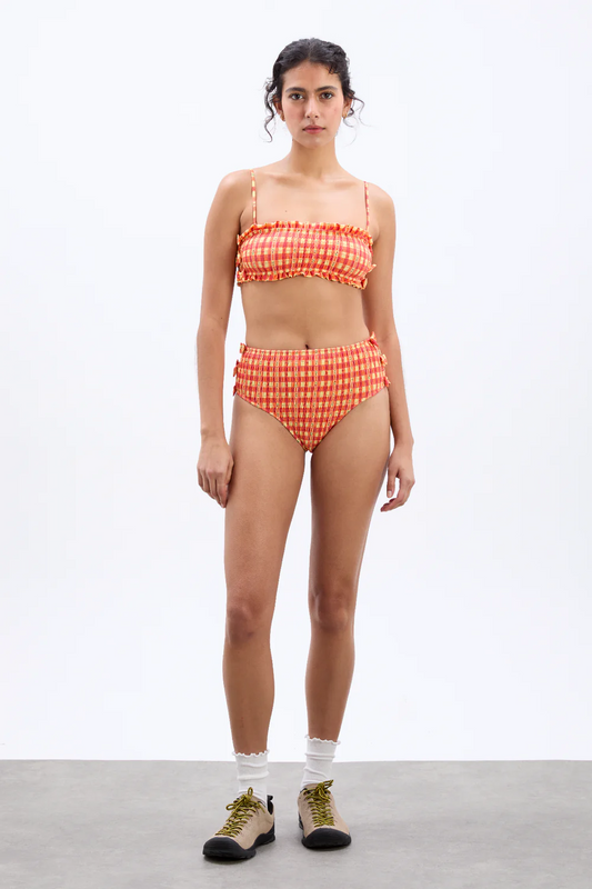 Jezebel Shirred Bow Bikini Top- Orange Gingham