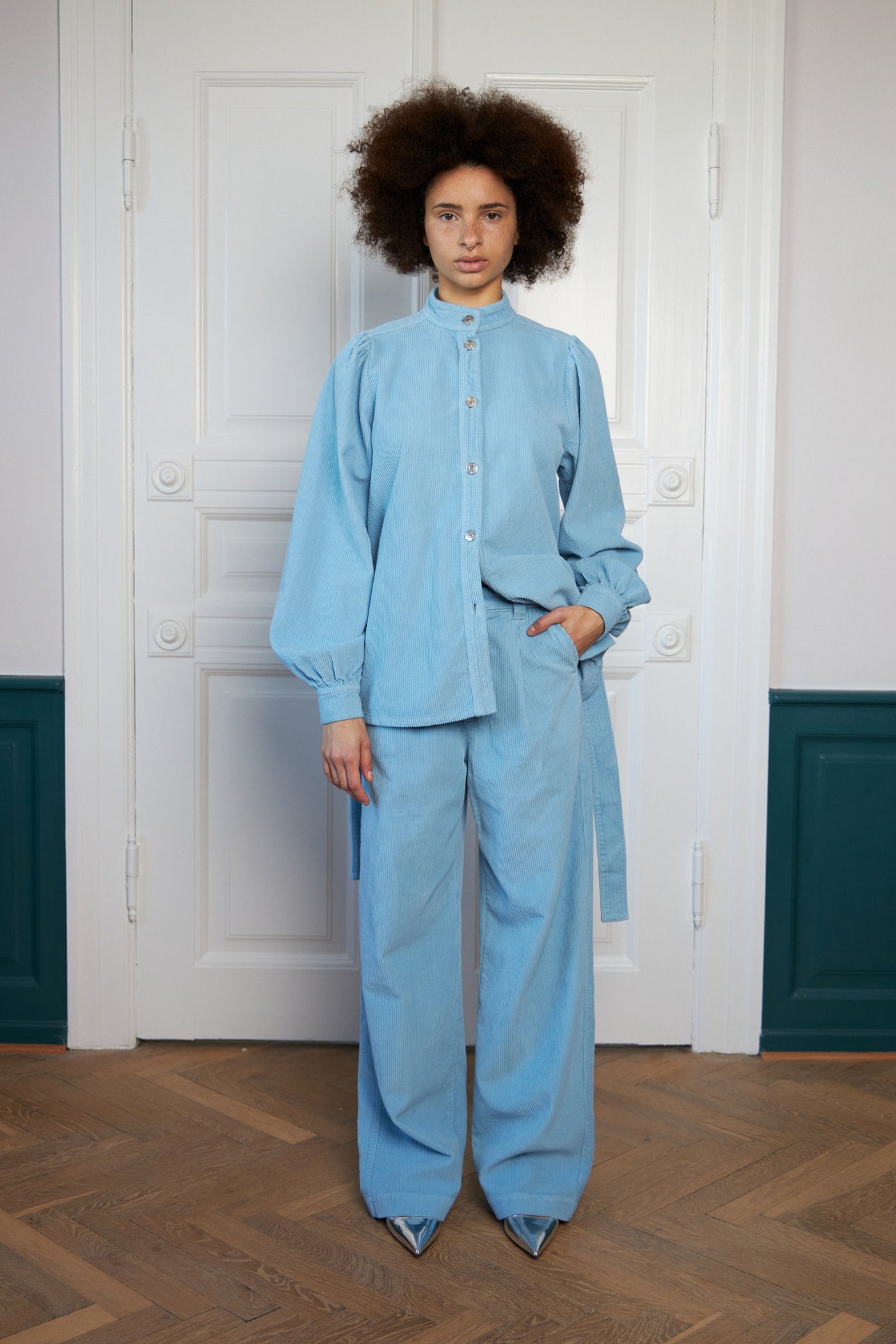 Corduroy Shirt With Belt - Light Blue