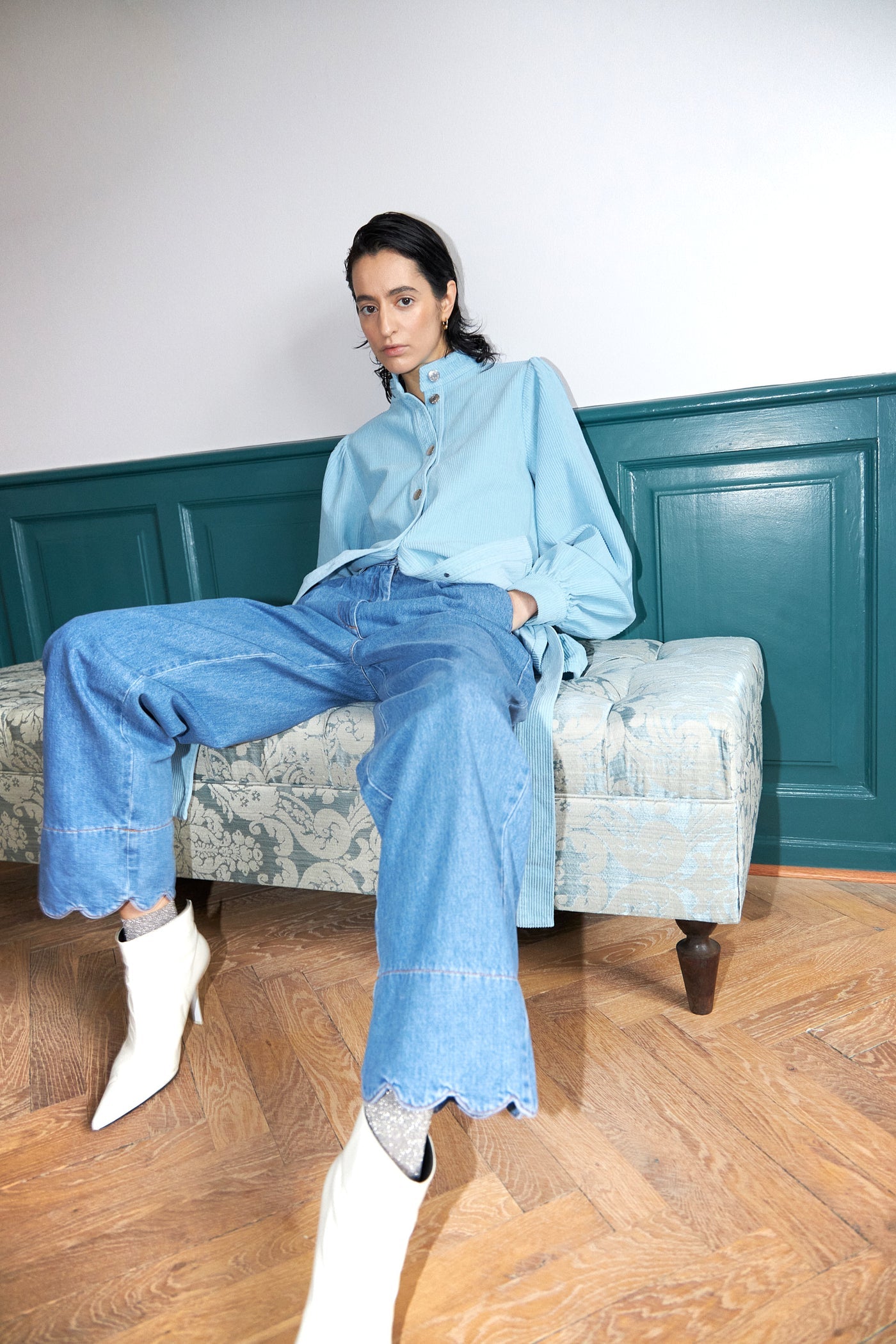 Corduroy Shirt With Belt - Light Blue