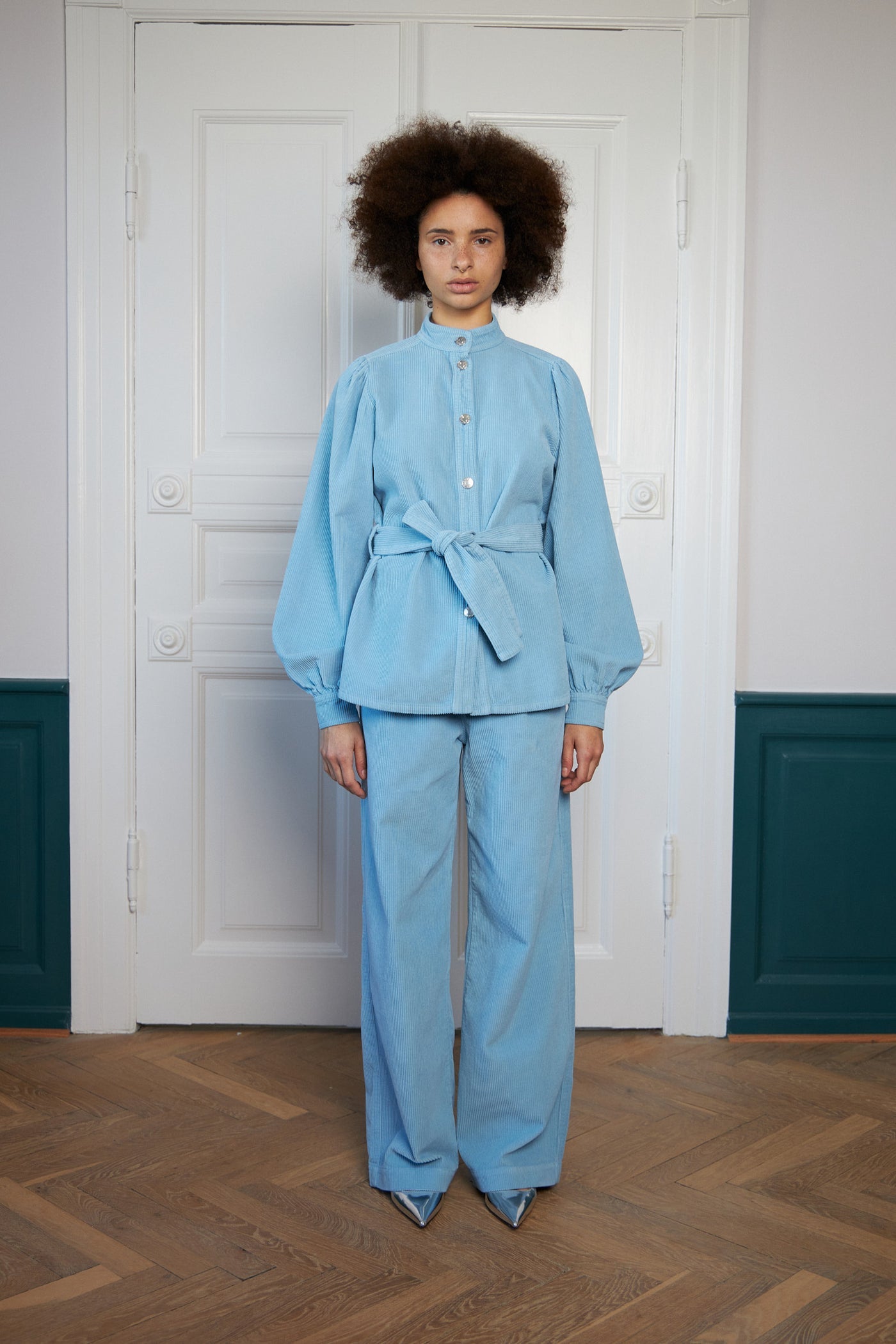 Corduroy Shirt With Belt - Light Blue