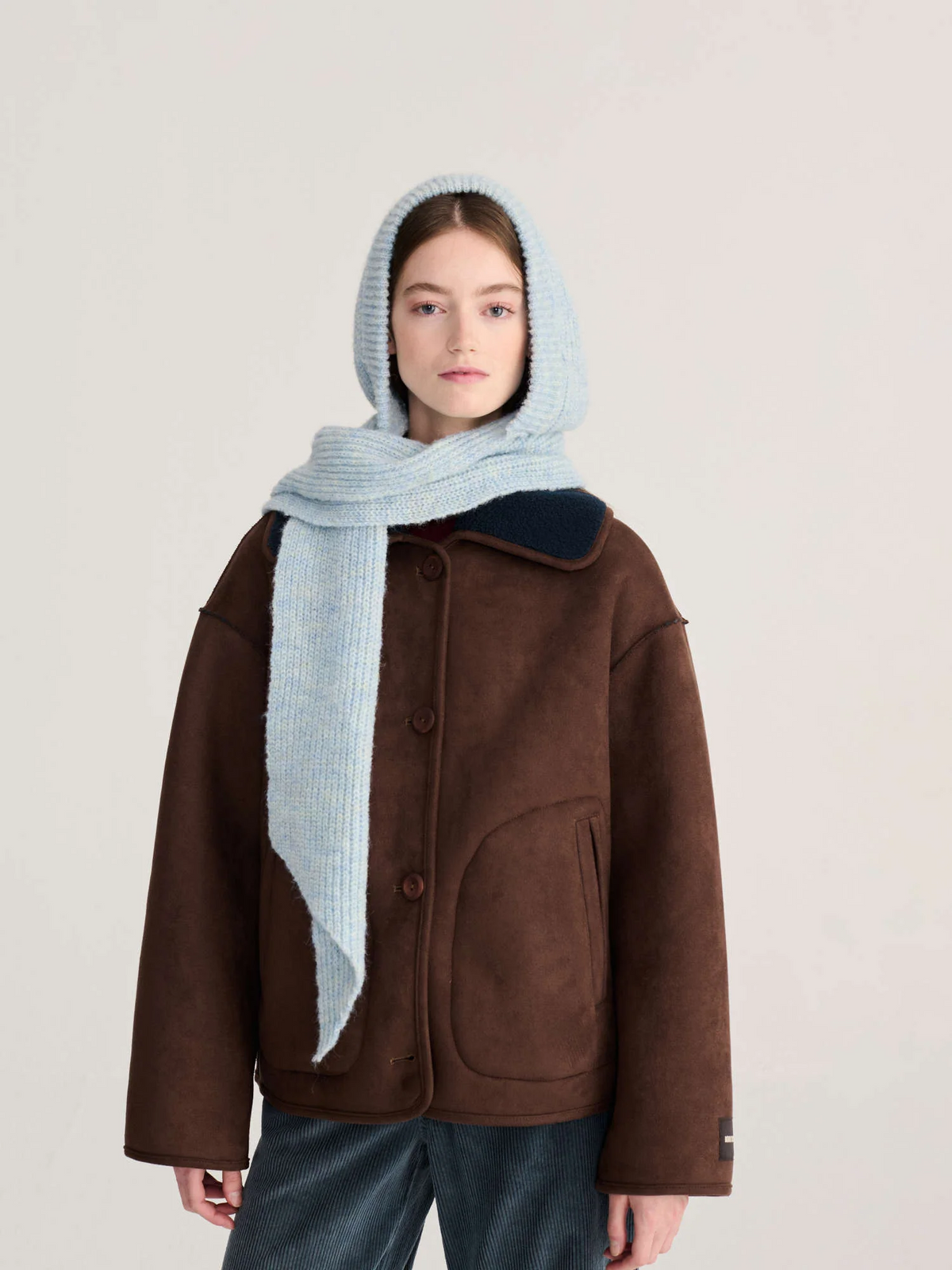 Knitted Hooded Scarf- Light Blue