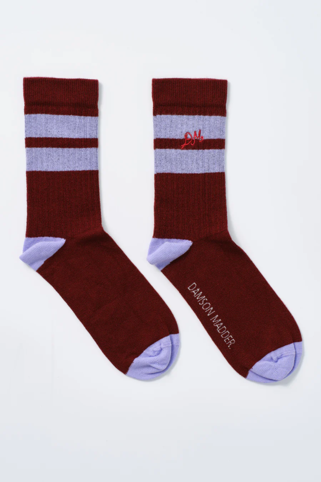 Calf Length Socks - Burgundy With Lilac Strpe