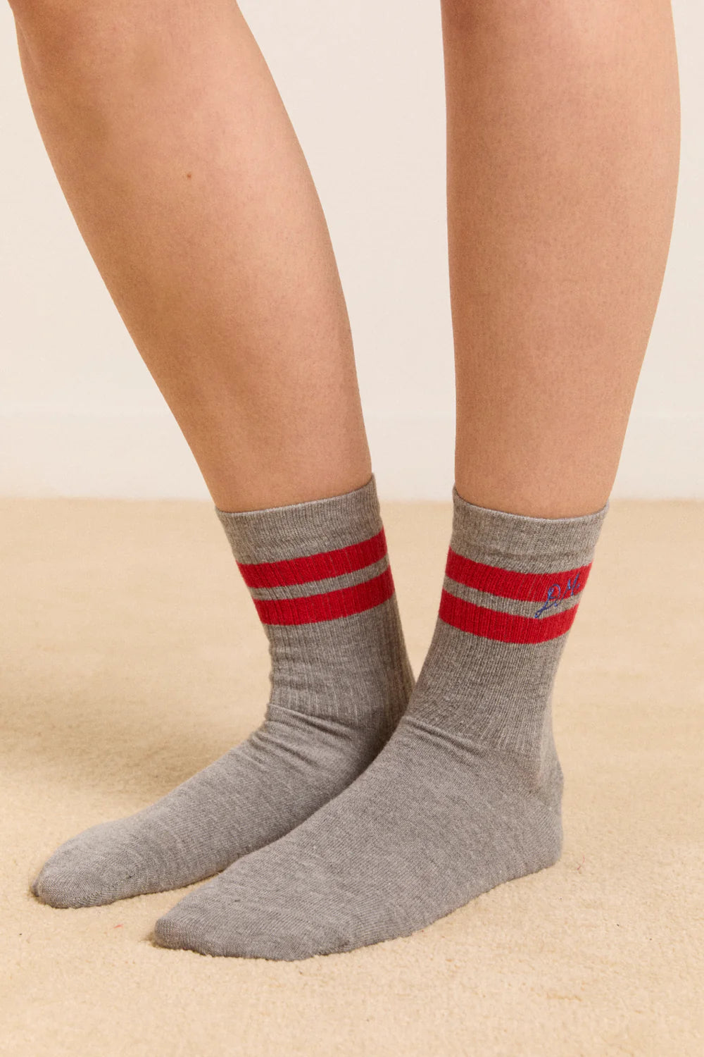 Sporty Calf Socks - Grey Marl With Red Stripe
