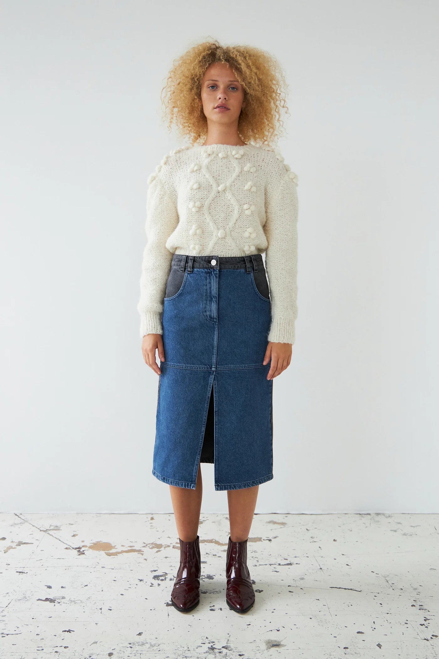 Black And Blue Denim Midi Skirt