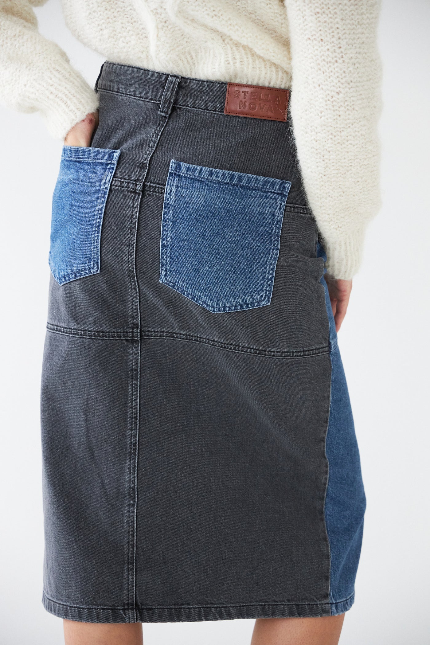 Black And Blue Denim Midi Skirt