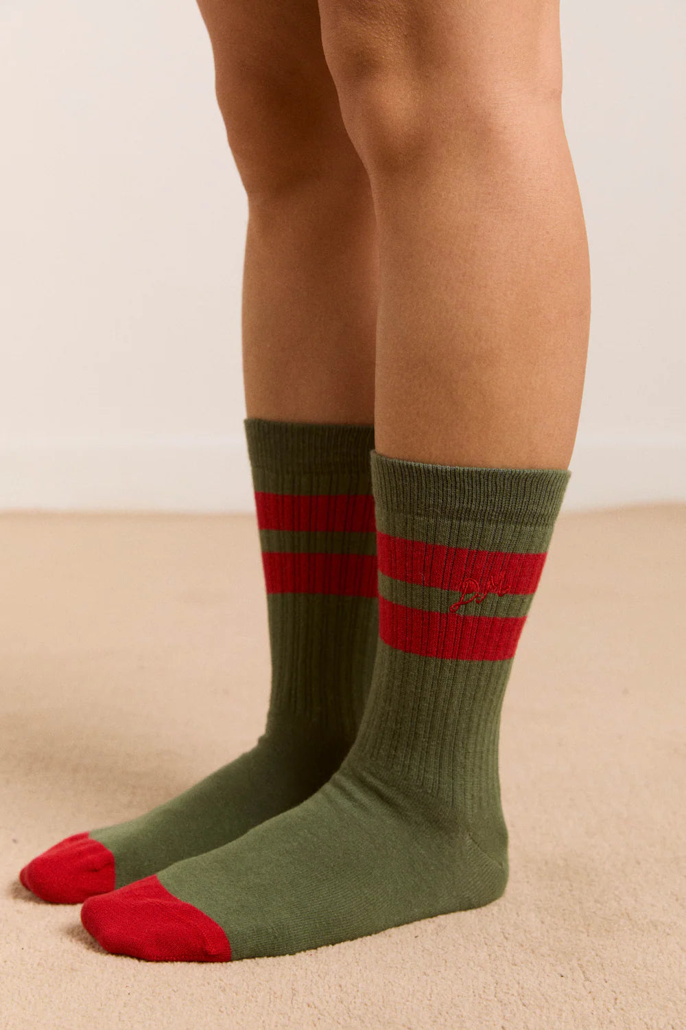 Sporty Calf Socks - Olive And Red Stripe
