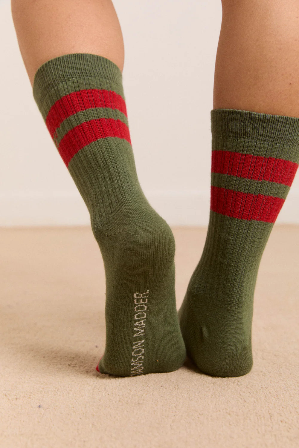 Sporty Calf Socks - Olive And Red Stripe