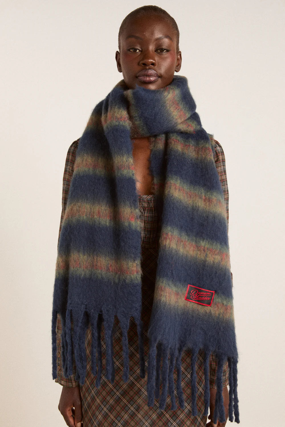 Brushed Oversized Scarf Choc/ Blue Stripe