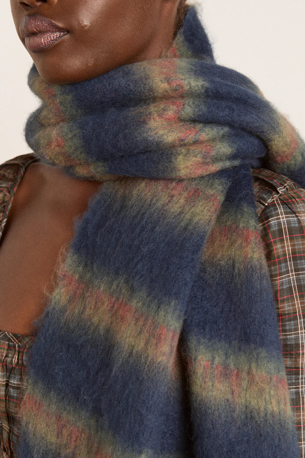 Brushed Oversized Scarf Choc/ Blue Stripe