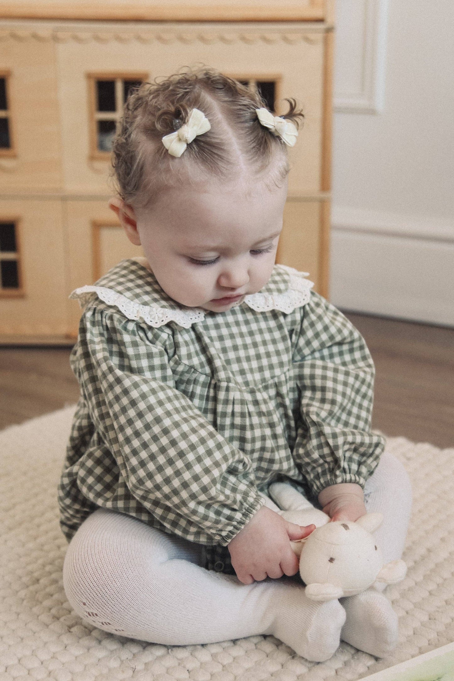 Sage Green/Gingham Frill Collar Romper: 0-3m