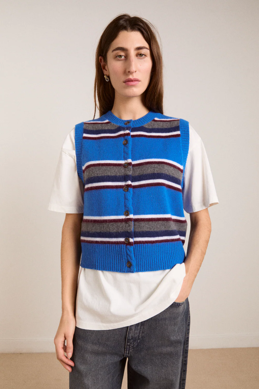 Sofie Merino Wool Vest - Blue Stripe