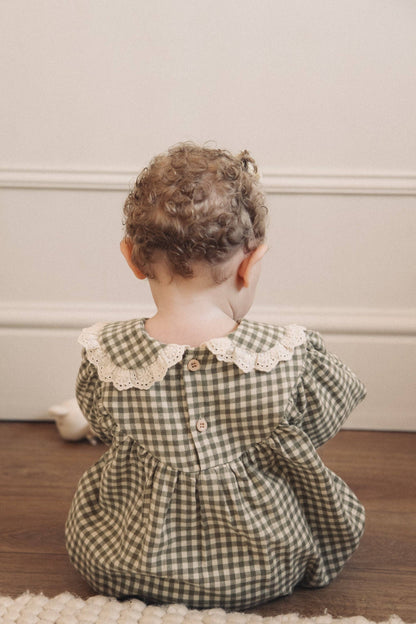 Sage Green/Gingham Frill Collar Romper: 3-6m