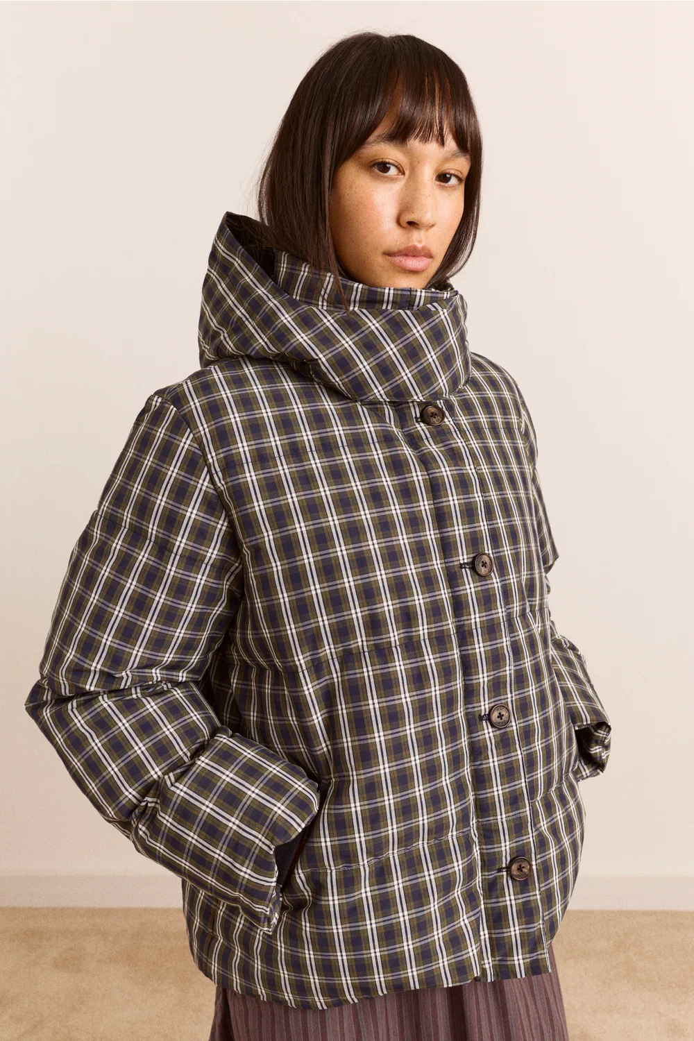 Pearl Hooded Puffer - Lyra Navy & Green Check
