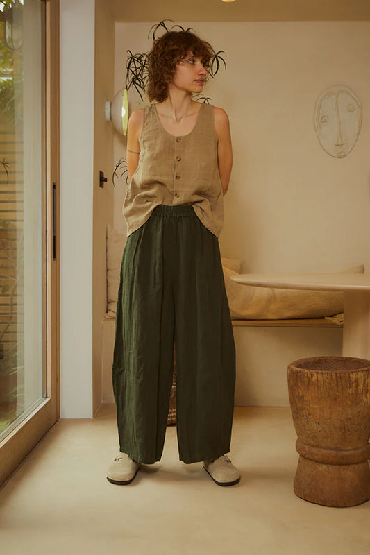 Basic Linen Trousers - Dark Forest