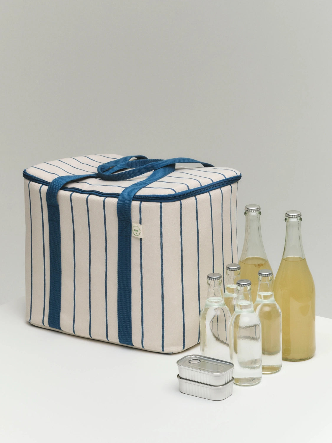 Outdoor Market Cooler Bag - Medium Beige With Blue Stripe