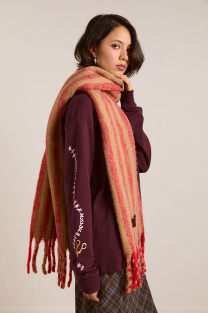 Brushed Oversized Scarf Red/ Tan Stripe