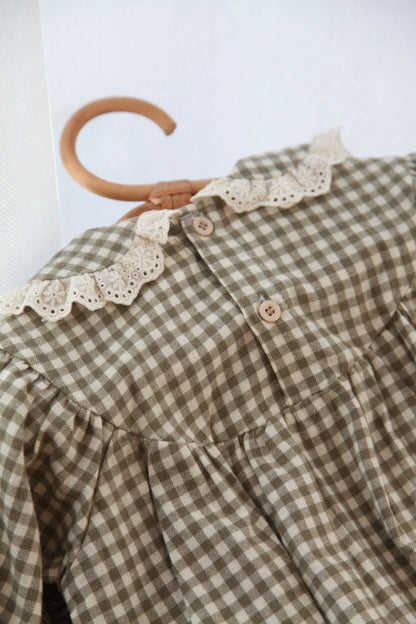 Sage Green/Gingham Frill Collar Romper: 0-3m