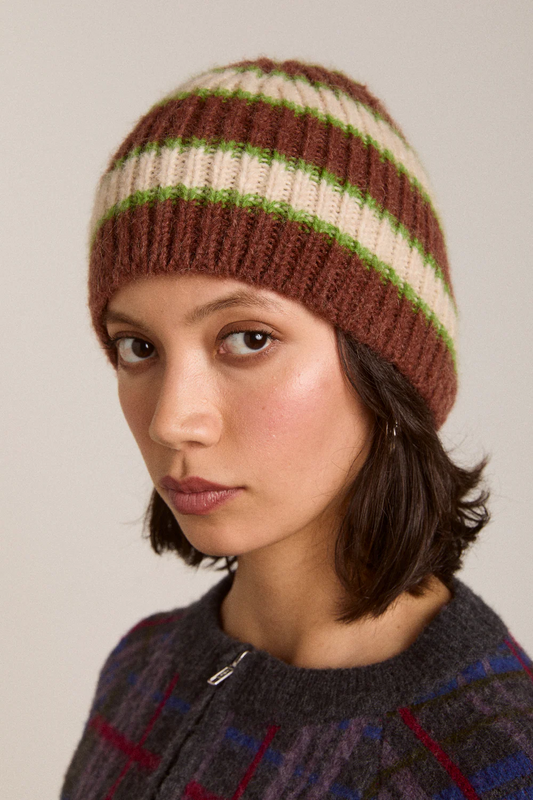Stripe Beanie - Oat / Burgundy / Lime