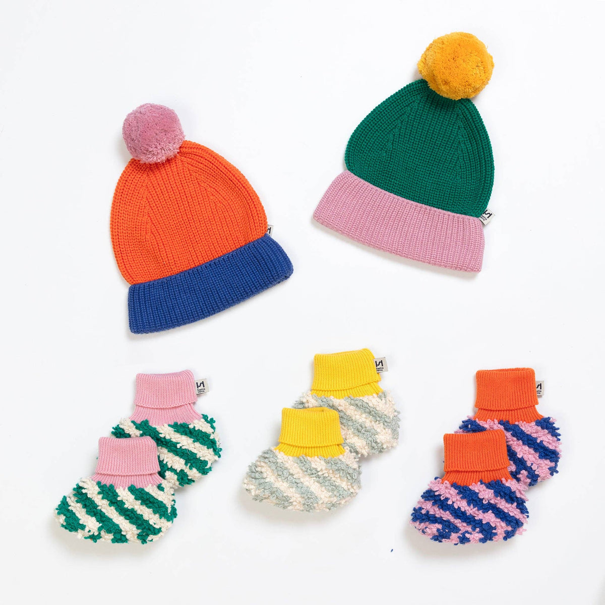 Cotton Knit Baby Bobble Hat:  Green & Pink