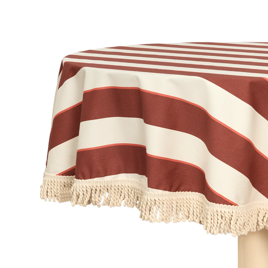 Sarga Round Tablecloth Maroon Cabana Stripes