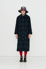 Long Check Coat - Navy