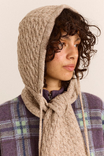 Hooded Pom Pom Scarf - Oatmeal