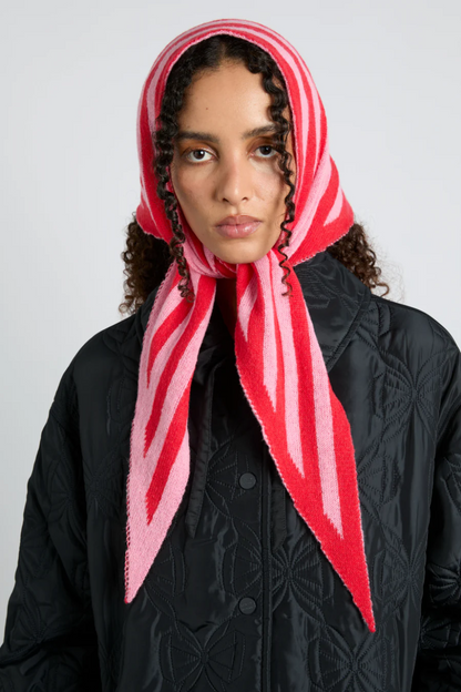 Knitted Triangle Headscarf - Red & Pink Stripe