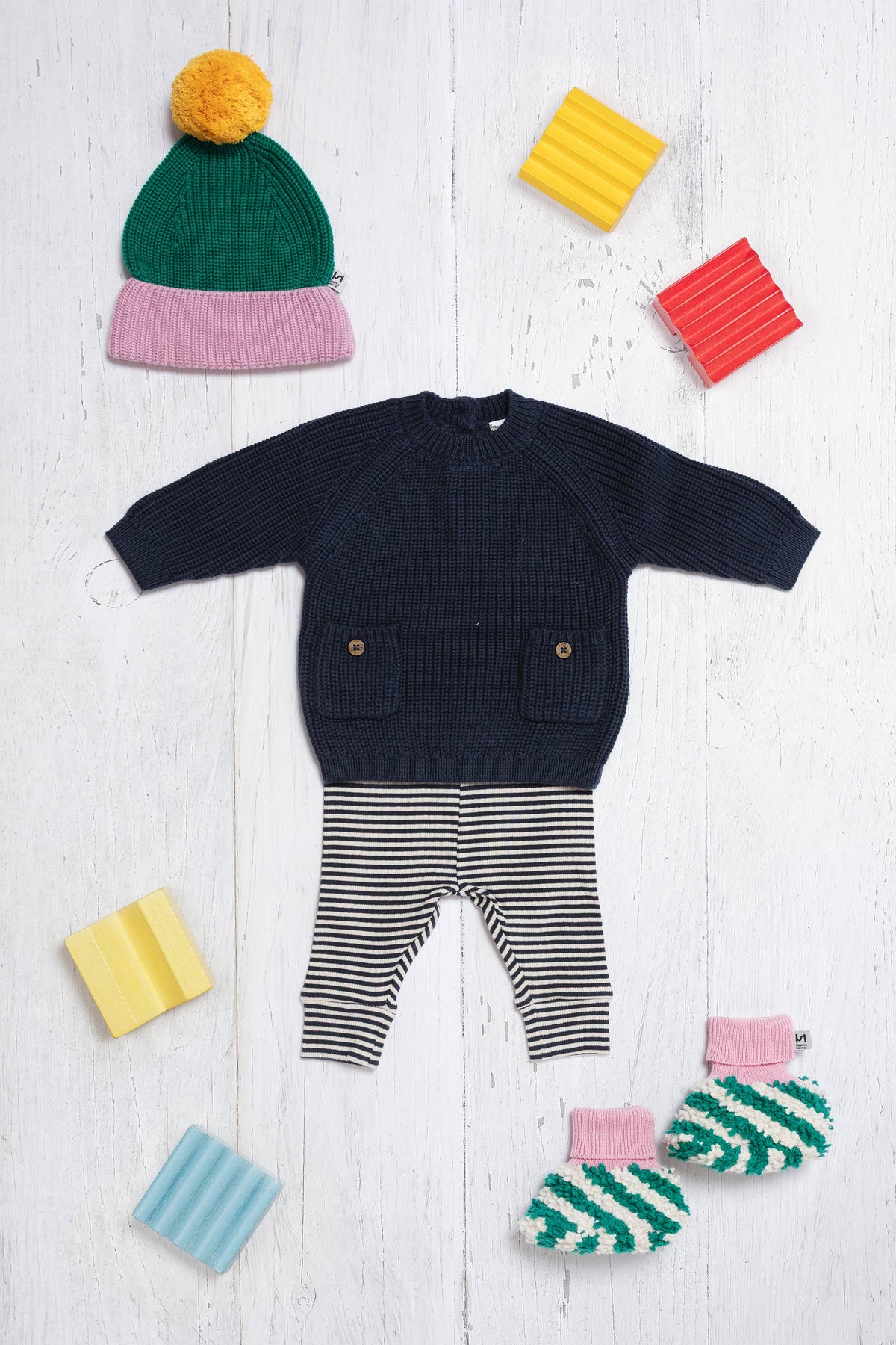 Cotton Knit Baby Slipper Socks: Boucle Striped Green